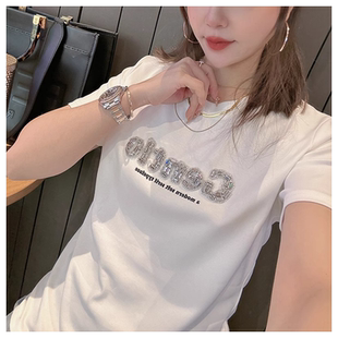 欧洲站女装短袖t恤女2025新款镶钻字母小众体恤漂亮白色上衣夏装