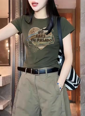 美式复古2025正肩纯棉军绿色短袖T恤女设计感小众时尚百搭上衣潮
