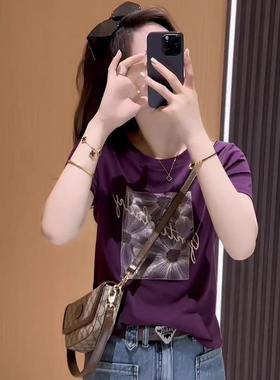 美式复古紫色短袖t恤女夏季2025新款时尚减龄设计感宽松显瘦上衣