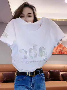 减龄修身 2025夏季 T恤女时尚 欧货重工镶钻字母精梳棉短袖 上衣 新款