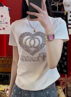 精梳棉爱心镶钻白色短袖T恤女夏季新款独特别致时尚百搭小众上衣