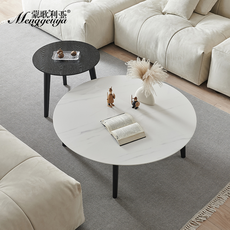 蒙歌利亚实木极简大理石圆形茶几客厅家用简约现代岩板2025新款