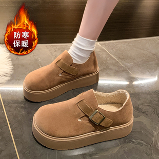 女鞋高中初中生加绒勃肯鞋女冬2025新款中大童乐福鞋一脚蹬二棉鞋