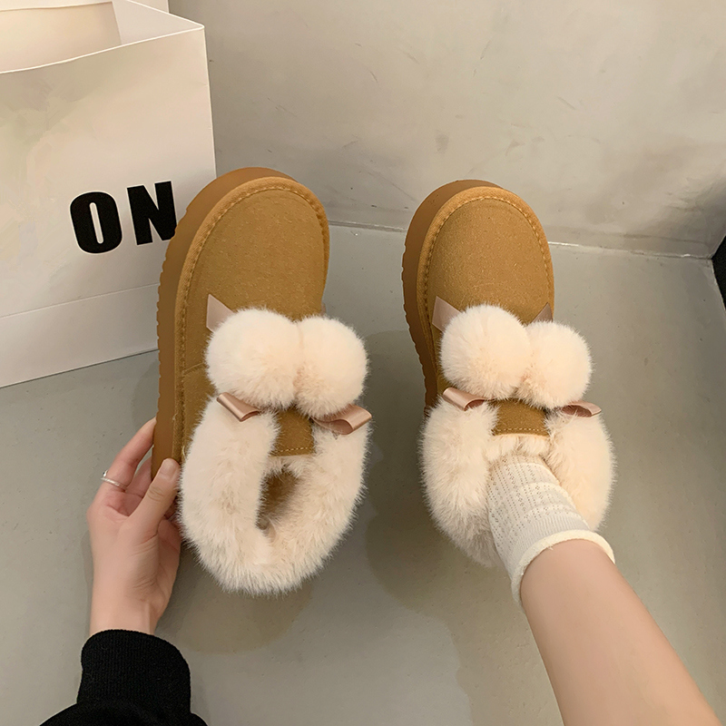 厚底雪地靴女2025冬季毛毛球棉靴加绒加厚保暖短靴皮毛一体大棉鞋