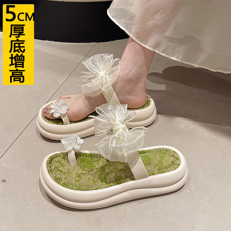 厚底增高5cm小个子套趾拖鞋女夏季外穿2025新款蝴蝶结一字凉拖鞋