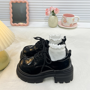 单鞋 厚底增高7CM小个子亮黑色小皮鞋 女英伦风2026春秋系带乐福鞋