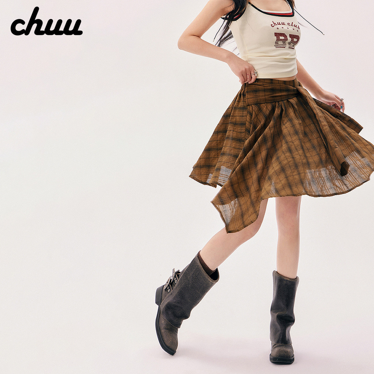 CHUU不规则格子半身裙女2026年夏季新品字母刺绣绑带a字裙短裙子