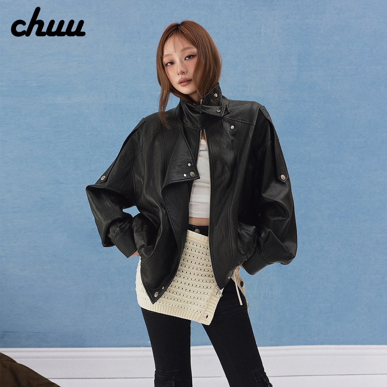 CHUU立领拉链外套女2026年秋季新品松紧下摆仿皮衣机车风长袖上衣