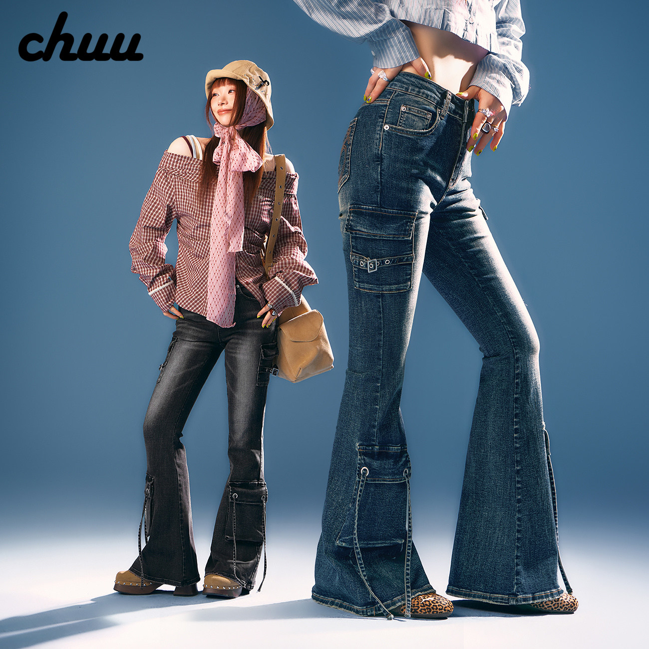 CHUU多口袋微喇牛仔裤女2026年秋季新品磨白系带修身工装磨破长裤