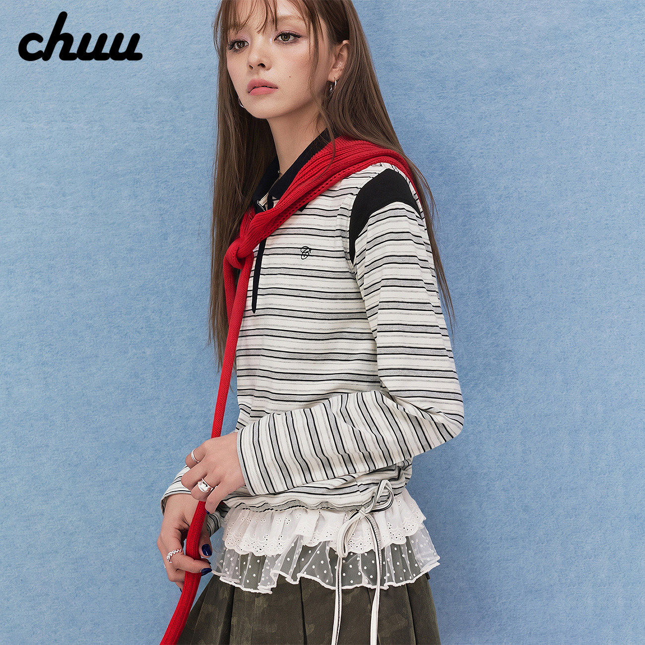 CHUU条纹系带polo领T恤女2026冬季新品蕾丝花边拼接宽松长袖上衣