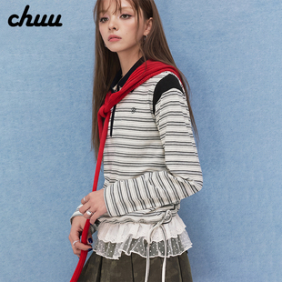 CHUU条纹系带polo领T恤女2026冬季新品蕾丝花边拼接宽松长袖上衣