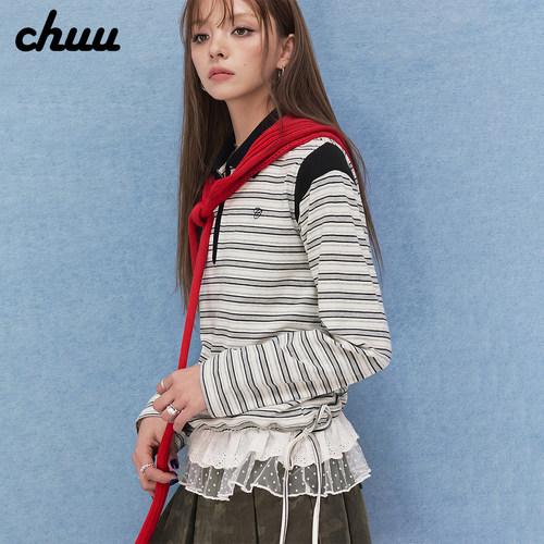 CHUU条纹系带polo领T恤女2026冬季新品蕾丝花边拼接宽松长袖上衣