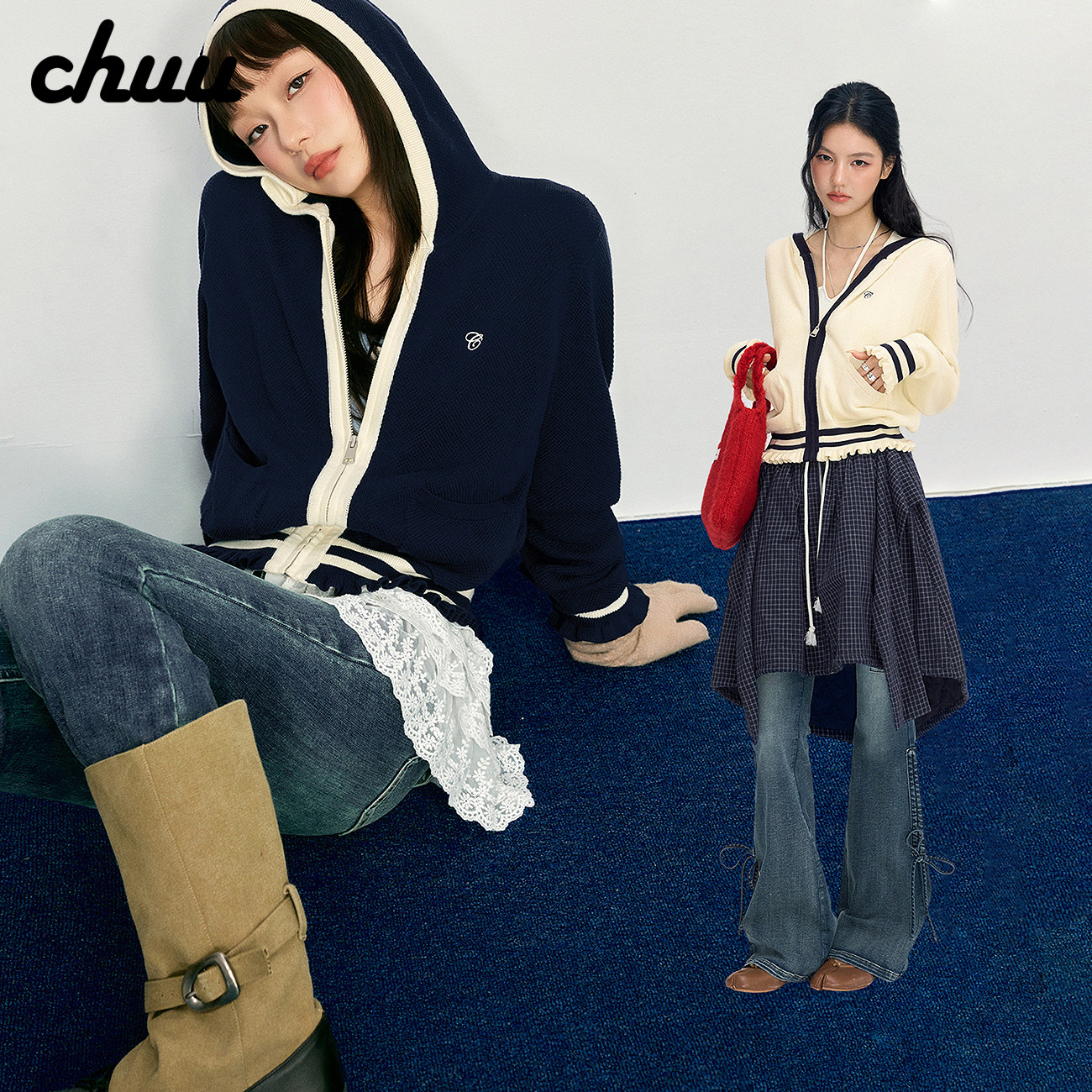 CHUU字母刺绣针织衫女2026冬新品慵懒木耳边撞色连帽长袖休闲开衫
