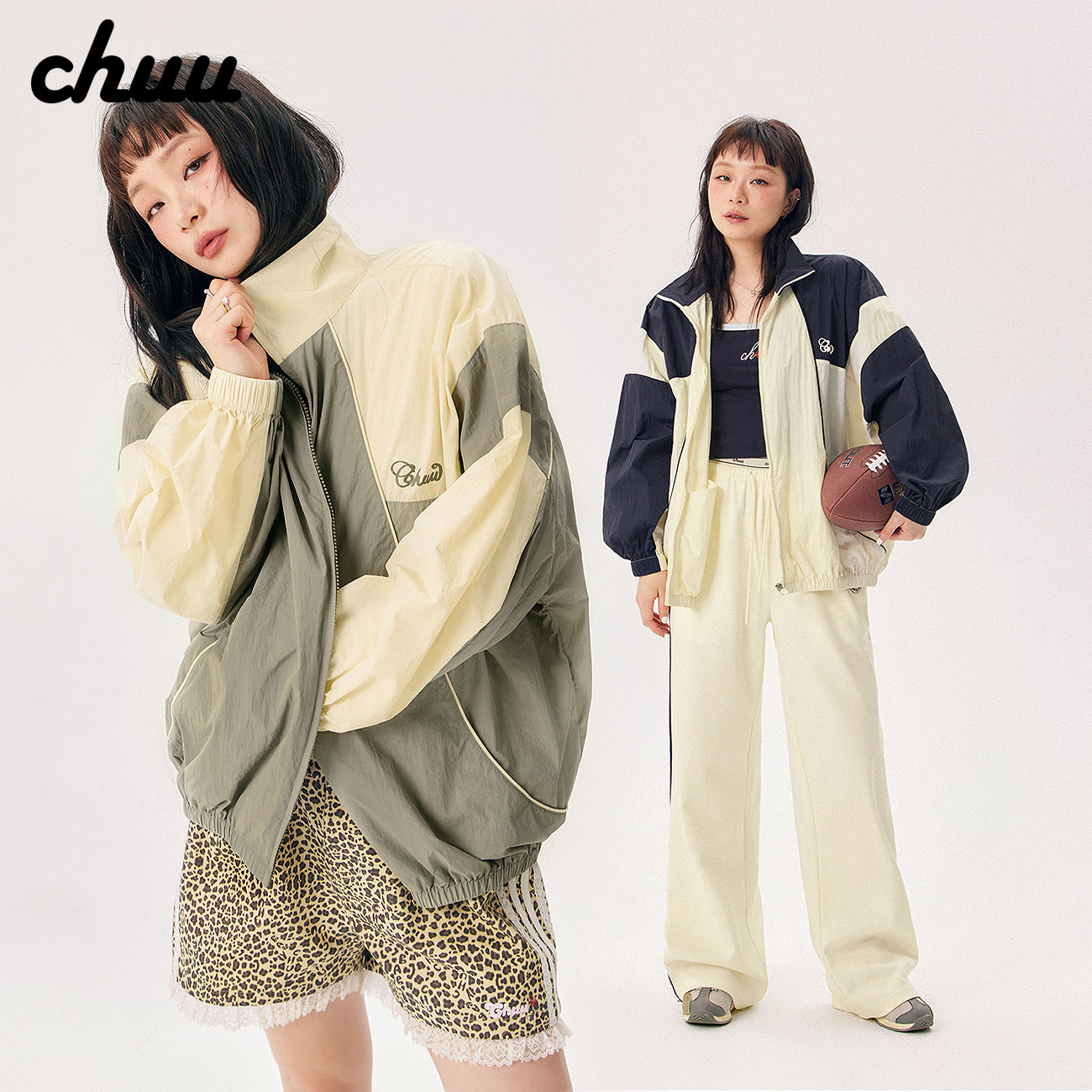 CHUU字母迷彩印花外套女2026夏季新品运动风个性撞色拉链长袖上衣