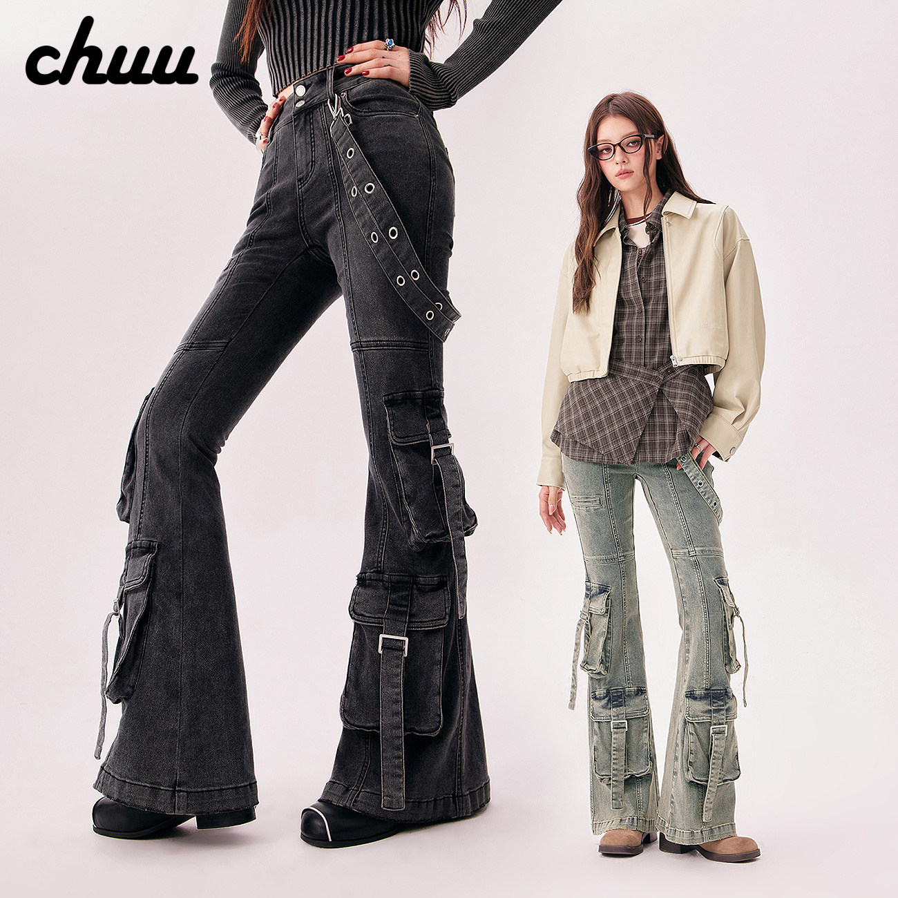 CHUU多口袋牛仔裤女2026春秋新品水洗磨破做旧挂带工装微喇长裤子