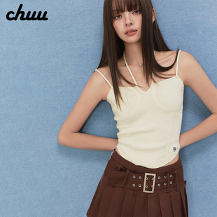 CHUU字母刺绣背心女2026年冬季新品挂脖系带不规则下摆针织小吊带