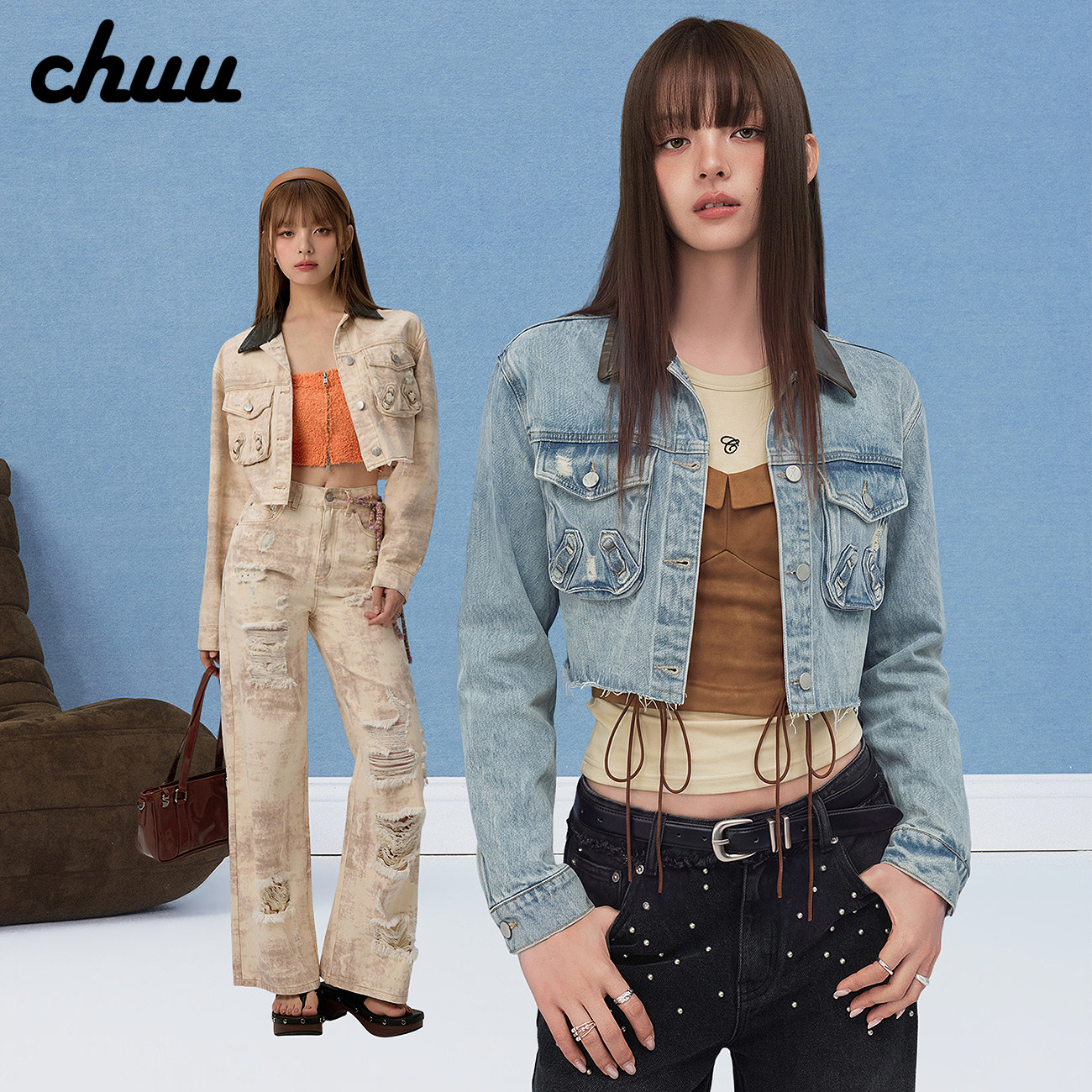 CHUU多口袋毛边长袖外套女2026秋季新品水洗做旧单排扣短款牛仔衣