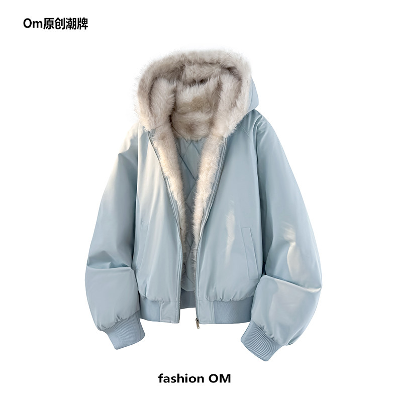美式复古月光蓝棉服男座山雕外套冬季保暖宽松情侣毛领派克服夹克