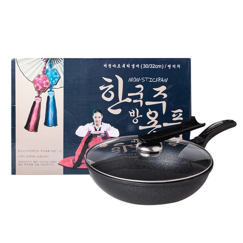 外贸韩式麦饭石不沾炒锅家用锅炒菜不沾锅电磁炉燃气专用平底锅