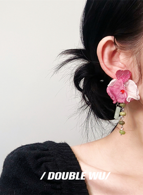 原创玫红色花朵夸张彩色耳环绿色玉石拼接耳环黄色糖霜爱心耳夹女