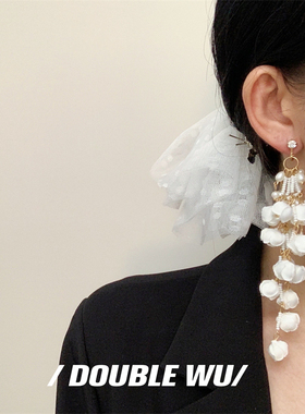 日韩新款婚礼仙气白色超长铃兰花苞耳环新娘拍照影楼配饰耳夹耳饰