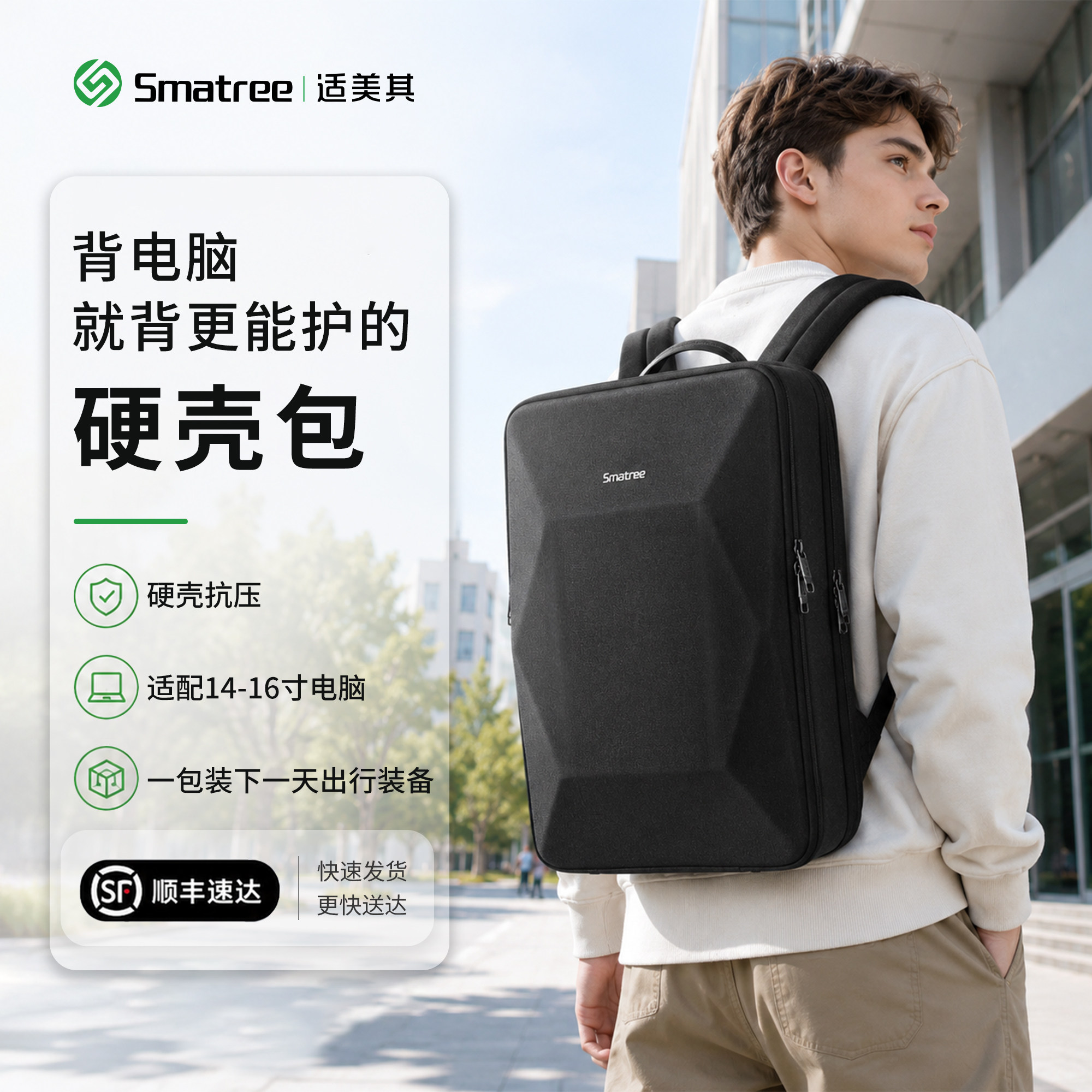Smatree适美其14/15/16/17.3/18英寸大学生通勤旅行男款商务电脑包轻薄游戏笔记本收纳防震硬壳保护双肩背包 - 实物图