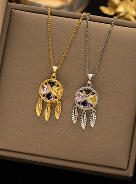 【钛钢】高级感花朵幸运草吊坠跨境轻奢满钻项链女百搭锁骨链饰品