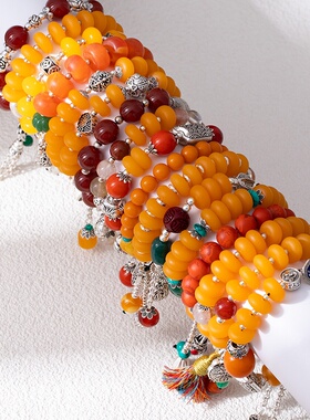 复古民族风仿蜜蜡手串国风寺庙同款防玛瑙水晶貔貅手链地摊货源