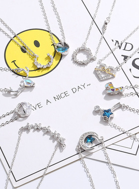 森系蓝色人鱼泪项链女抖音同款人鱼猫咪锁骨链轻奢仙气项链批发