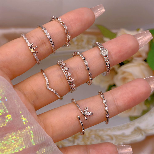 高级真金电镀s925纯银戒指女简约百搭细小排戒开口锆石保色指环