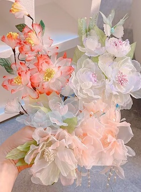 手工娟纱烫花古风发夹牡丹芍药汉服边夹头饰唐风花朵渐变绿色对夹