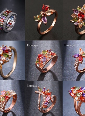 跨境彩色锆石戒指女款铜戒指微镶锆石奢华时尚饰品批发一件代发