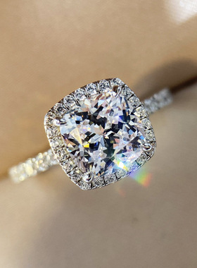 外贸跨境镀s925银高碳钻轻奢仿莫桑石戒指豪华方形两克拉仿真钻