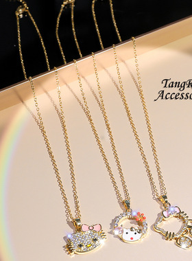 项链女网红蝴蝶结猫咪个性气质满钻铜吊坠百搭锁骨链钛钢链条