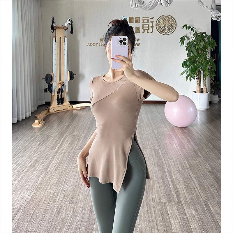 修身下摆侧开叉运动上衣紧身瑜伽服短袖休闲跑步恤健身服瑜伽t恤