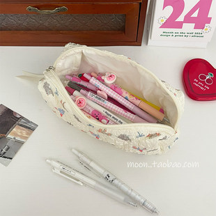 笔袋高颜值ins风韩系菱形熊女文具袋大容量高中生铅笔盒文具收纳