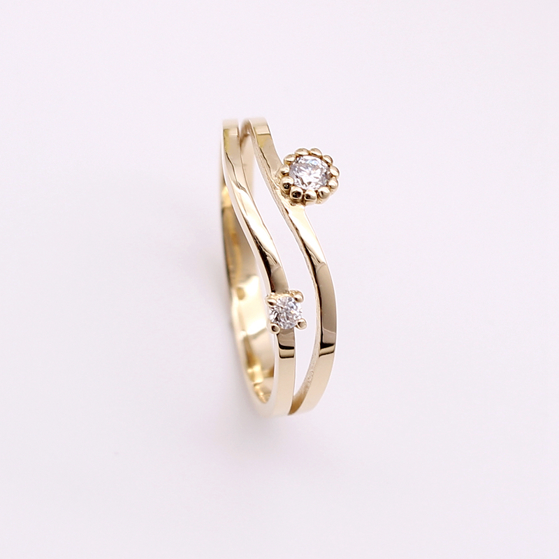 吉恩希韩国流行纯14K黄金AU585波浪形小钻款戒指时尚百搭彩金尾戒