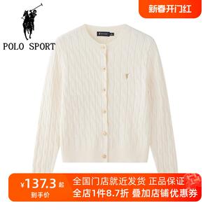 POLO SPORT女士纽花圆领针织开衫秋新款上衣保罗纯色绞花毛衣外套