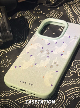 海鸥仿原皮纹淡青色TPU侧边全包边大孔iPhone手机软壳苹果16华为pura60简约可爱动画mate70系列手机保护软套