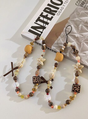 复古棕豹纹方块kt挂绳串珠手机挂链包挂装饰挂绳新款可爱夏天链子