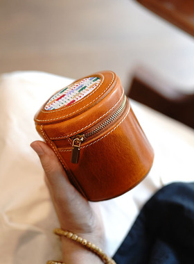 复古手工植鞣牛皮毛毯拼接首饰盒大容量便携真皮核桃文玩收纳包