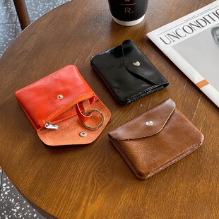 新款简约真皮零钱包钥匙包一体包女士短款拉链小钱夹复古油蜡卡包