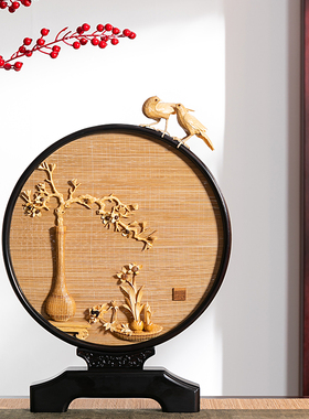 新中式花卉竹编木雕摆件