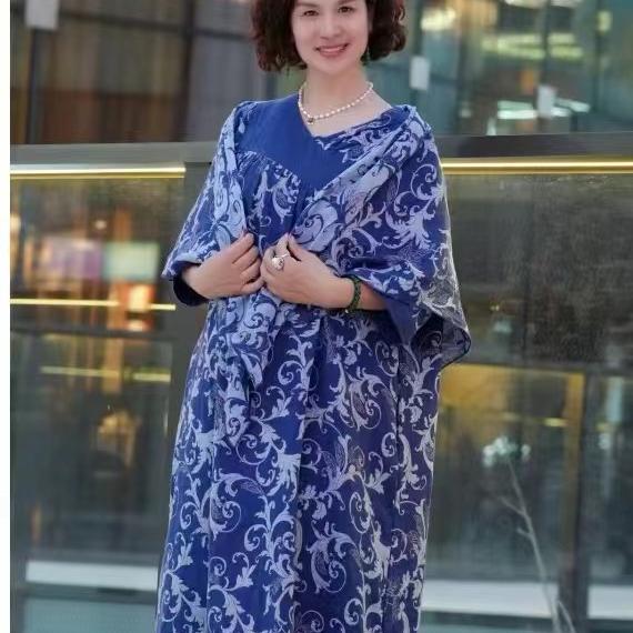 古匠青花瓷纯棉刺绣双层纱秋款连衣裙外穿可家居面料柔软中年女装