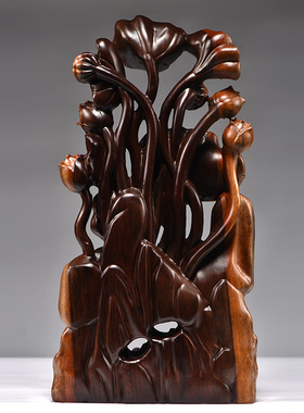 黑檀木雕刻年年有鱼根雕荷花动物摆件红木家居装饰工艺品桌面摆设