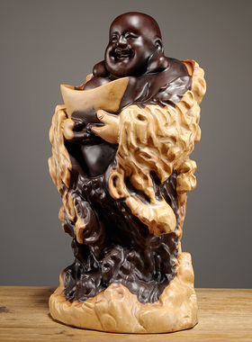 黑檀木雕弥勒佛像摆件实木元宝笑佛家居客厅装饰雕刻工艺品送礼品