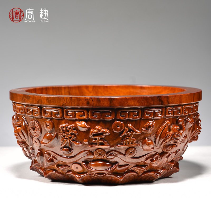 花梨木雕聚宝盆摆件实木客厅办公室家居客厅开业送礼品红木工艺品