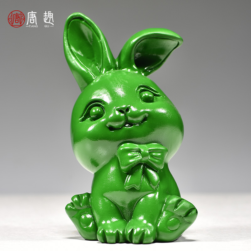 绿色木质兔摆件吉祥物实木雕刻木头兔子三合生肖属相木制品工艺品