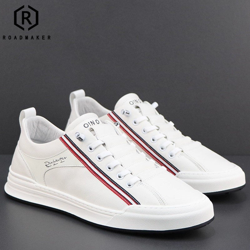 ROADMAKER夏季真皮小白鞋男士休闲潮流百搭透气一脚蹬软底板鞋男
