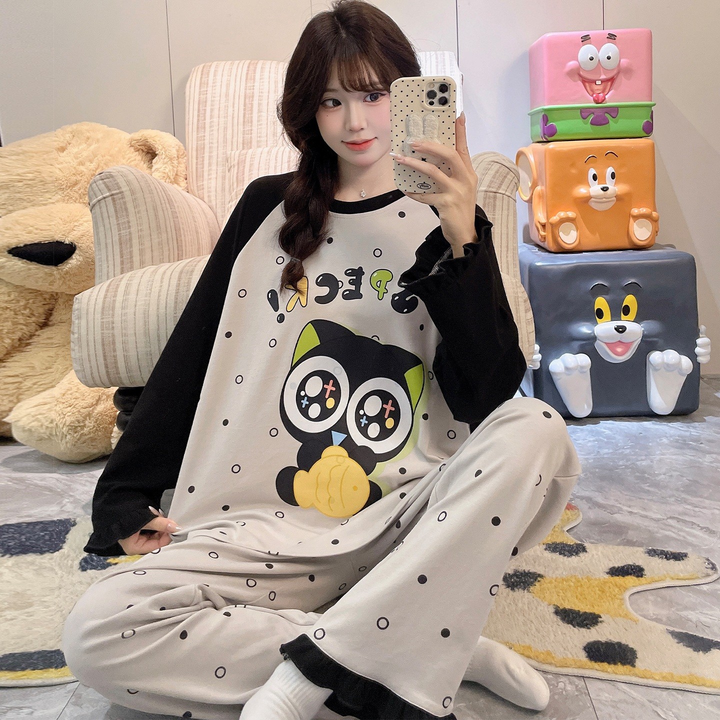 儿童睡衣女孩纯棉长袖春秋季女童空调服冬天可爱猫图案卡通春外穿